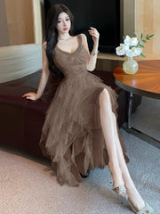 Cyflymder Fairycore Irregular Mesh Princess Dresses Summer High Waist Slim Ruffles Birthday Party Dress Elegant Fashion Vestidos