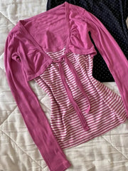 Cyflymder Vintage T-shirt Fake 2Piece Slim Y2k Goth Punk Stripe Crop Top Casual Woman Clothing Harajuku Grunge High Street Tees Emo Gyaru