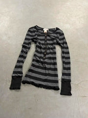 Cyflymder Fashion T-shirt Slim Y2k Vintage Punk Goth Stripe Harajuku Crop Top Winter Streetwear Femme Sweet Long Sleeves Casual Tees 2000s