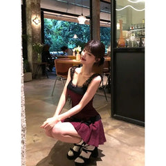 Cyflymder 2025 New Temperament Red Plaid Dress Summer Fashion Niche Design Sense Lace Camisole Pleated Women Dresses Trend