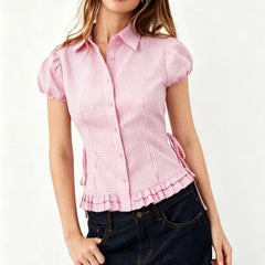 Cyflymder Cute Y2k Red Plaid T-shirt Blouse Woman Side Tie up Lapel Collar Short Cap Sleeve Slim Shirts Sweet Preppy Style Crop Tops