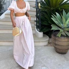 Cyflymder French Suit Women's New Short Square Neck Puff Sleeve Waist Top, High-Waisted Long Skirt