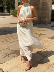 Cyflymder Elegant Draped Lace-Up Maxi Dress Fashion Half High Collar Simple Long Dress Summer Women's Casual Sleeveless Loose Party Dress
