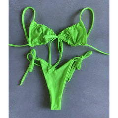 Cyflymder Solid Split Micro Bikini Swimsuit Women Sexy Triangle Lace Up Bikini Push Up Summer New Bathing Suits Two Piece Beachwear