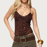 Cyflymder Women Y2K Beaded Sheer Mesh Tank Top Fairy Grunge Sequinned Camisole Slim Fit V Neck Spaghetti Strap Going Out Tops Streetwear