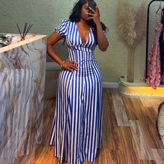 Cyflymder Women Striped Printed V-Neck Dress Short Sleeve Elegant Slim Casual Vacation Streertwear Vintage Long Dress Summer Dresses