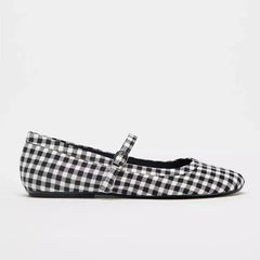 Cyflymder Luxury Designer Plaid Print Ballet Flats for Women Comfort Round Toe Buckle Soft Sole Mary Jane Shoes Elegant Banquet Party Shoe