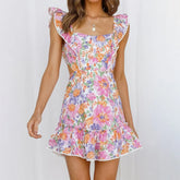 Cyflymder Floral Print Mini Dress For Women Ruffle Strap Square Neck Open Back Tie Bow Ruffle Hem Skirt Lady's Dating Vacation Frock