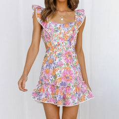Cyflymder Floral Print Mini Dress For Women Ruffle Strap Square Neck Open Back Tie Bow Ruffle Hem Skirt Lady's Dating Vacation Frock