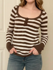 Cyflymder Sweet Slim Casual U Neck Long Sleeve Striped Contrast Color Pullover Knitted Pullovers