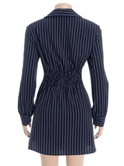 Cyflymder Chic Blue & White Striped Shirt Dress Women Fashion Turn Down Collar Long Sleeve Pleats Slim Asymmetrical Hem Mini Dress