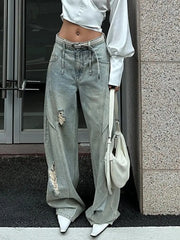 Cyflymder Retro Do Old Gallery Ripped Jeans Children Babes Loose Bf Lazy Wind Mopping Scimitar Pants