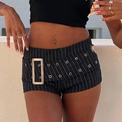 Cyflymder Streetwear Striped Contrast Color Metal Buckle Decoration Micro Jeans Women Slimming Straight Denim Mini Bottoms Summer Fashion