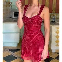 Cyflymder Elegant Polka Dot Print Backless Party Dresses Women Causal Sleeveless Beach Dress Vestidos Summer Sundress Sexy Robe