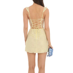 Cyflymder Women's Elegant Lace Floral Mini Dress Sleeveless Ruffles Suspender Sweetheart Neck Tie Back Bodycon Dress for Summer