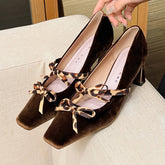 Cyflymder Luxury Velvet Square Toe High Heeled Women Pumps Leopard Bowknot Chunky Heel Mary Jane Shoes Ladies Elegant Wedding Bridal Heels