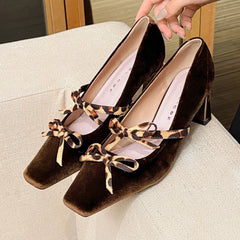 Cyflymder Luxury Velvet Square Toe High Heeled Women Pumps Leopard Bowknot Chunky Heel Mary Jane Shoes Ladies Elegant Wedding Bridal Heels