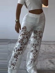 Cyflymder Retro Lace Patchwork Women Blue Denim Pants High Waist Wide Leg Baggy Jeans Chic Y2k Fashion Casual Elegant High Street Trousers