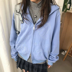 Cyflymder Y2k Aesthetic Grunge Solid Hooded Hoodies Harajuku Vintage Double Zipper Hoody Jacket Autumn Embroidery Casual Sweatshirt