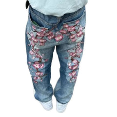 Cyflymder Retro Printed Jeans Women's Street Niche Design Sense Loose Versatile Straight Pants Tide