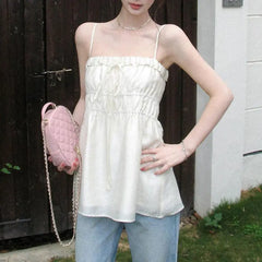 Cyflymder French Style Drawstring Bow A-Line Tanks Summer Sleeveless Tops Women's Clothing Fashionable Ruffles Spliced Folds Basic Camis