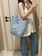 Cyflymder Summer Double-sided Striped Canvas Bag Ins Style Tote Student Large Capacity Casual Shoulder Bags for Women
