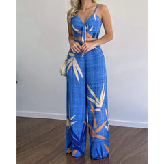 Cyflymder Summer Women Tropical Print Spaghetti Strap Casual Lace up Back Top &High Waist Pants Set 2 Pieces Suit Sets Woman Clothing