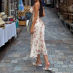 Cyflymder French Sexy Lace Satin Dress Women Sleeveless V-neck Spaghetti Strap Party Dresses Summer Vacation Boho Party Vestidos