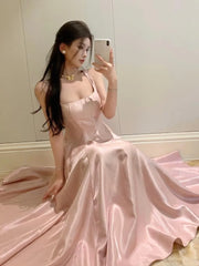 Cyflymder Elegant Satin Midi Dresses for Women Sleeveless High Waist Evening Party Dress A-line Prom Robe Korean Fashion Summer Vestidos