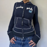 Cyflymder Vintage American Fashion Patchwork Design Slim Casual Coats Y2k Aesthetic Letter Print Hoodies Harajuku Punk Zip Women Cardigan