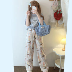 Cyflymder Sweet Lolita Style Cartoon Dog Print Pants Women Y2k Aesthetic Lace-up Wide Leg Trousers Harajuku Casual Loose Kawaii Sweatpants