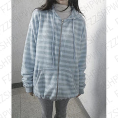 Cyflymder Sweatshirt Y2K Women Long Sleeve Clothing Stripes Preppy Playful Oversized Zip Hoodies Cute Sweet Hooded Lovely Cheery Surcoat