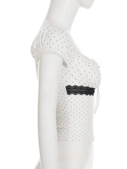 Cyflymder Casual Dot Printed T Shirt French Style Slim Bandage Lace Trim Short Sleeve Tees Women 2025 Summer Fashion Streetwear