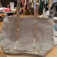Cyflymder Fashion Sequin Tote Bag Women Patchwork Linen Large Capacity Shoulder Bag Ladies Versatile Casual Commute Beach Bag Trendy Chic