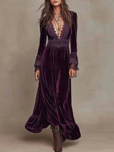 Cyflymder Vintage Velvet Maxi Dress for Women Lace Deep V‑Neck Flare Sleeve High Waist Ruffle Hem Long Dress Elegant Evening Party Dresses