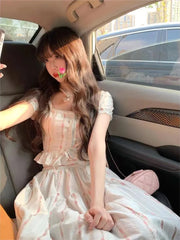 Cyflymder Summer Korean Ruffles Fairy 2 Pieces Set Vintage Women Square Collar Princess Kawaii Floral Print Blouse+High Waist Skirts Suits