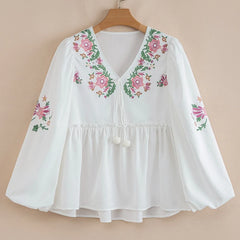 Cyflymder White Lovely Blouses Shirts Women Puff Long Sleeve Floral Embroidery Pullover Top Autumn Blouse Boho Beach Blusas Ladies Tops