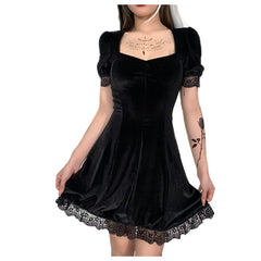 Cyflymder Black Velvet Dress For Women Punk Style Halloween Short Sleeve Lace Gothic Dress Bodycon Pleated Low Cut Sexy Mini Dress