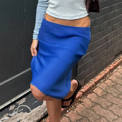 Cyflymder Women's Solid Color Low Waist Bodycon Midi Mesh Skirt Stretch Slim Fit Pencil Skirts Streetwear Fashionable Trendy Bottoms