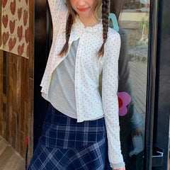 Cyflymder Korean Polka Dot Spliced Striped Pullovers Autumn New Fake Two Pieces Women's Clothing O-Neck Button Casual Long Sleeve T-shirts