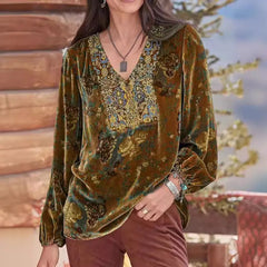 Cyflymder Women Blouse Vintage Print V Neck Long Sleeve Elastic Cuff Streetwear Spring Autumn Loose Velvet T-shirt Pullover Women Clothes