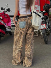 Cyflymder Retro Splicing High Waist plus Size Slimming Leopard Print Design Casual Sle Women's Jeans Autumn New Arrival