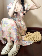 Cyflymder Dresses Women Floral Printed Puff Short Sleeve V Neck Summer Fashion Vintage Elegant Dress Bandage Female Casual