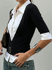 Cyflymder Vintage Fake Two Piece Patchwork Turn Down Collar Half Sleeve Slim-waist Temperament Women Shirt