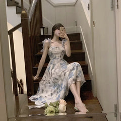 Cyflymder Elegant Strap Floral Midi Dress Women Vintage Sweet Print Princess Boho Blue Dress Classy Party Holiday Fairy Dress Summer