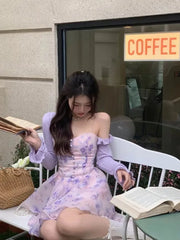 Cyflymder Light Purple Floral Print Chiffon Strap Corset Dress y2k vestidos de noite bodycon dress femme elegante robe sexy v plus size