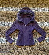 Cyflymder American vintage y2k millennium Lingg fur collar hooded knitted sweater women autumn and winter purple slim zipper cardigan emo