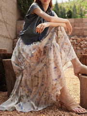 Cyflymder Boho Vintage Print Long Skirt Women Beach Casual High Waist Loose Skirts Retro Sweet Lady High Quality A Line Long Skirts