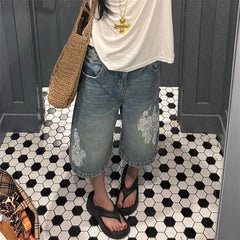 Cyflymder Summer Women's Lace Printed Blue Denim Shorts Young Girl Casual High Waist Bottom Female Loose Capris Calf-length Pants