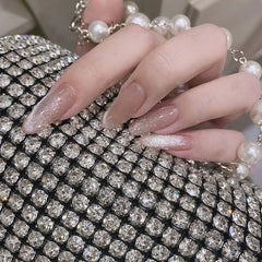 Cyflymder 24 PCS Gradient Rose Pink Fake Nails Glossy Cat Eye Design Fake Nail Tips for Girls Womens Almond Press on Nail Patch Wearable